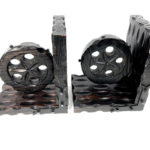 Mid Century Brutalist Style Bookends Industrial Pulley Wood & Iron Made in Spain - Picture 7 of 10